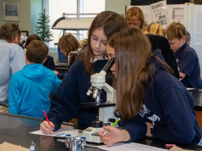 Students using a microscope in science class